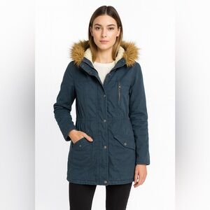 Hollister California Women's Sherpa Lined Parka Jacket M Navy Blue Faux Fur Hood